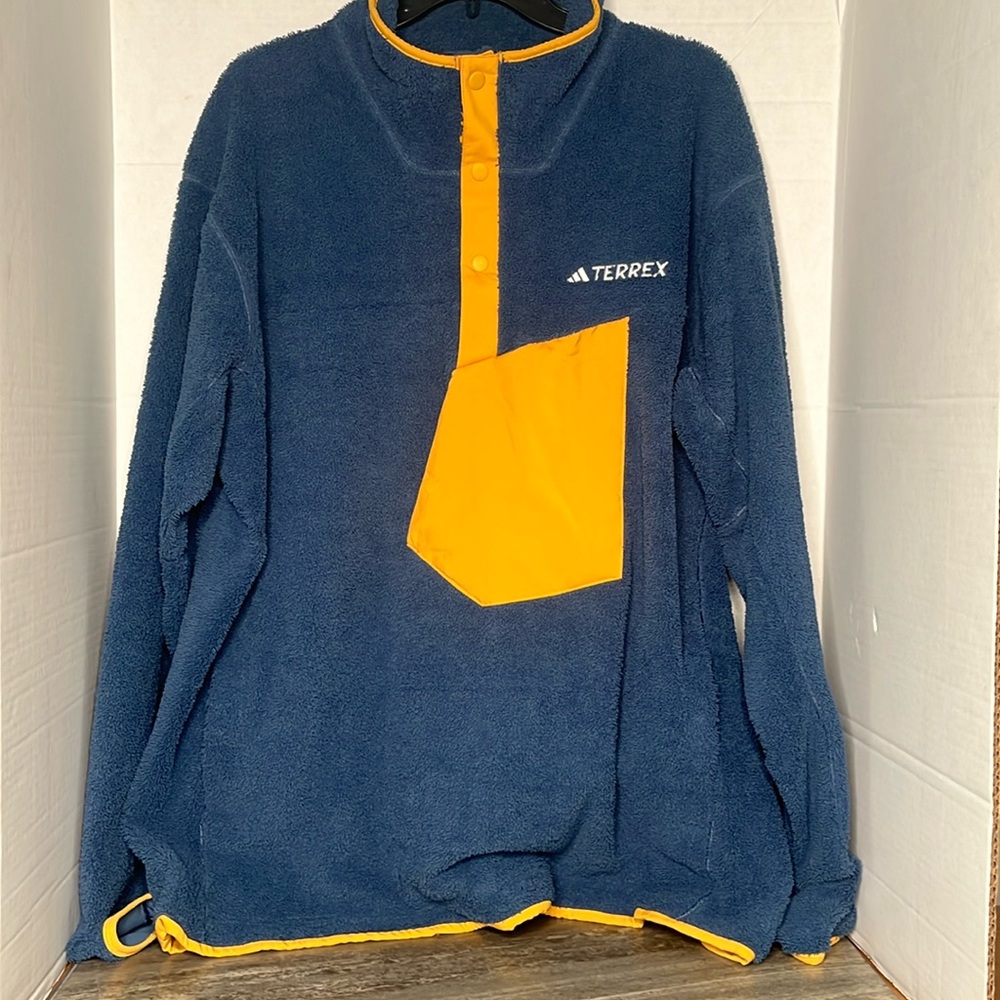 Adidas Men’s Terrex XPLORIC High-Pile-Snap-Fleece Pullover Blue/Gold XL NWT